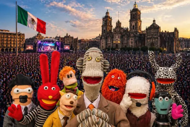 Jóvenes y niños saltando en el Zócalo de la CDMX durante un concierto al aire libre por el día del niño CDMX, con el escenario y la bandera gigante de fondo, ambiente familiar y colorido.
