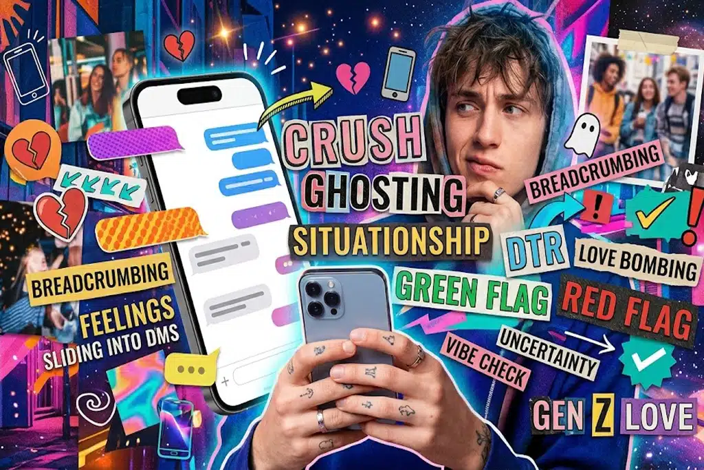 ustración colorida estilo collage digital que muestra un teléfono celular con mensajes de texto flotando, rodeado de palabras sobre el amor moderno