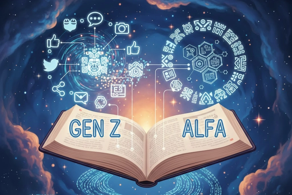 Ilustración juvenil y digital que representa un diccionario abierto con iconos de redes sociales y símbolos mayas, descifrando las palabras Gen Z y Alfa.