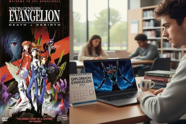 Estudiante universitario analizando escenas de Neon Genesis Evangelion en una laptop, junto a libros de psicología y filosofía, representando el innovador diplomado Evangelion en México.