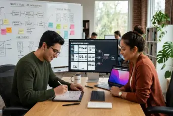 Dos jóvenes diseñadores trabajando en una mesa con laptops y bocetos físicos, mientras una interfaz de IA muestra sugerencias creativas en una pantalla adicional. Simbolizan colaboración humano-máquina en el futuro de la carrera de diseño.