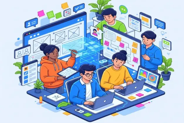 Ilustración juvenil y dinámica que representa el proceso de diseño UX UI, mostrando la conexión entre la creatividad visual y la investigación de usuario en dispositivos digitales.
