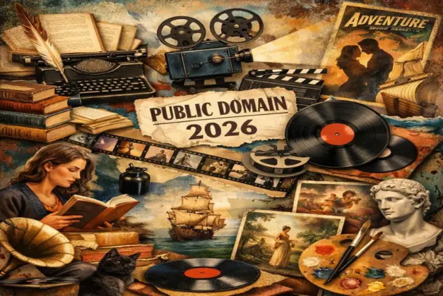 Ilustración collage juvenil que representa obras dominio público que se liberan en 2026: libros, películas, vinilos y pinturas clásicas.