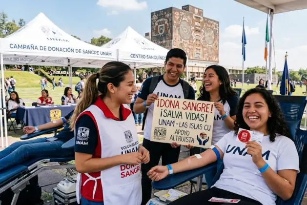 Estudiantes universitarios sonrientes participando en una jornada de donación de sangre UNAM en las Islas de CU, mostrando su apoyo altruista a la comunidad.