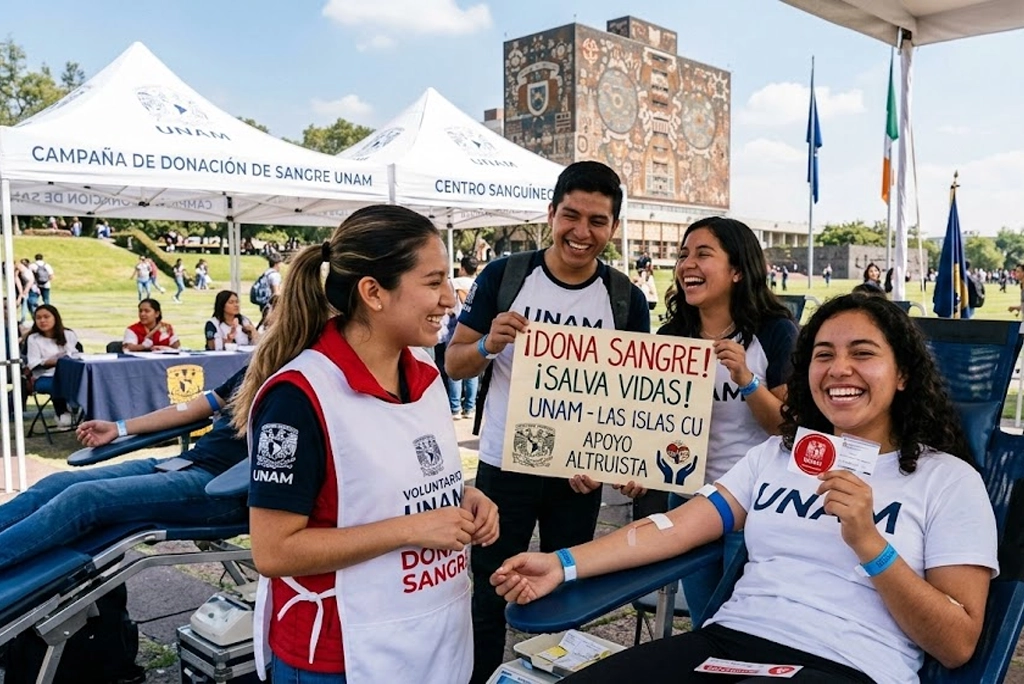 Estudiantes universitarios sonrientes participando en una jornada de donación de sangre UNAM en las Islas de CU, mostrando su apoyo altruista a la comunidad.