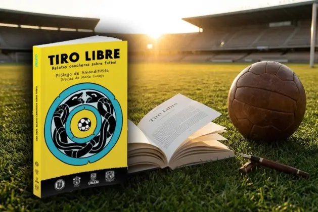 Portada del libro “Tiro libre” apoyado sobre un césped de estadio, con un balón de futbol y una pluma literaria cruzados, representando la unión entre libros de futbol y narrativa.