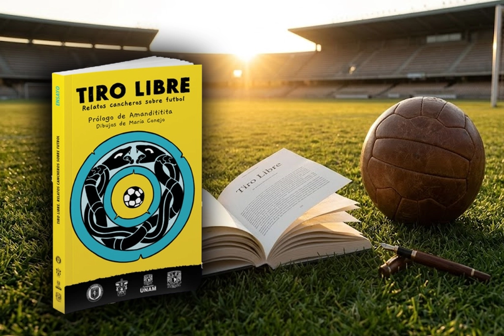 Portada del libro “Tiro libre” apoyado sobre un césped de estadio, con un balón de futbol y una pluma literaria cruzados, representando la unión entre libros de futbol y narrativa.