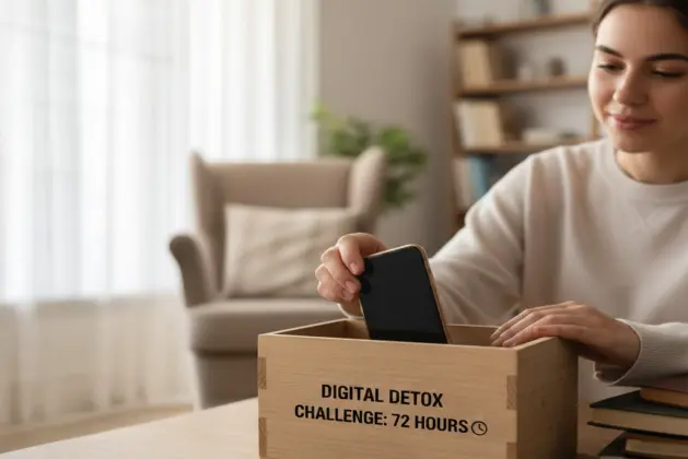 Joven dejando su celular en una caja, representando el reto de limitar el uso del celular por 72 horas para una desintoxicación digital.