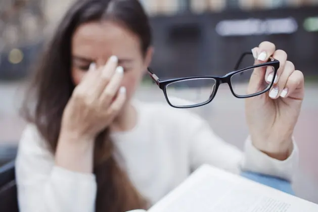 Joven con fatiga en la visión por el estrés quitándose los lentes