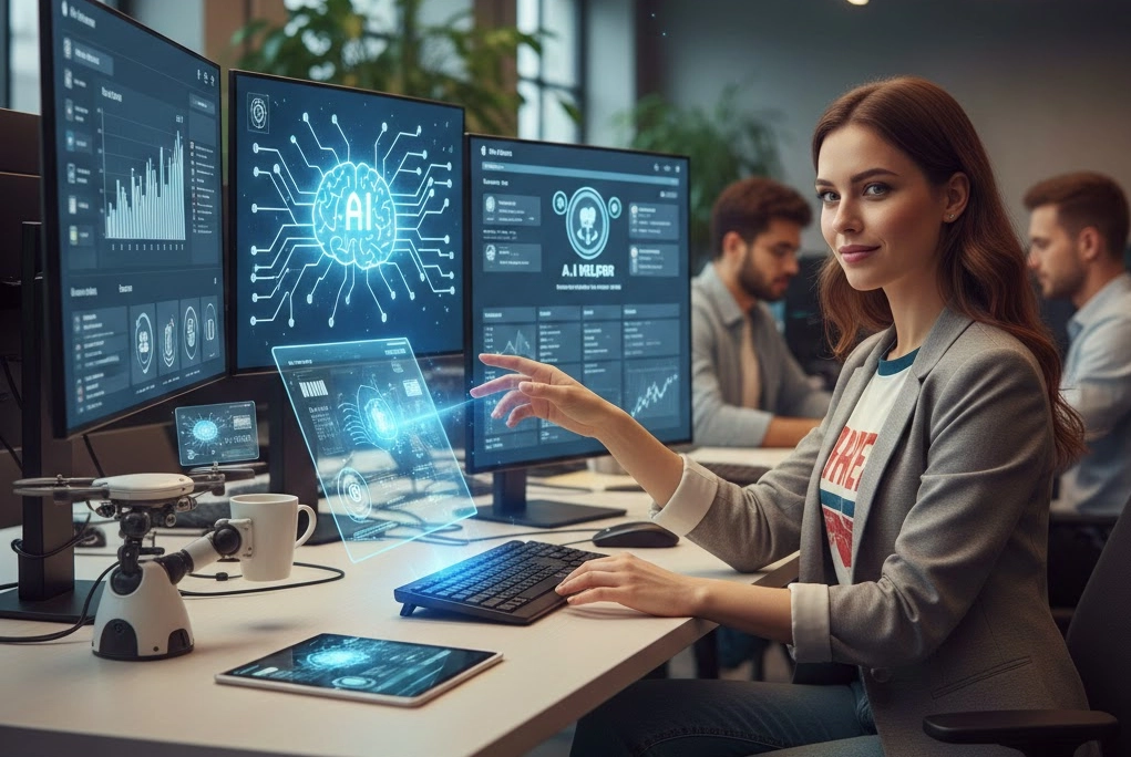 joven que representa el futuro profesional del community manager, mostrando la colaboración entre un profesional y herramientas de Inteligencia Artificial en la gestión de redes sociales