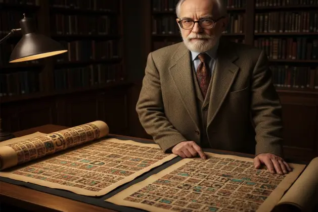 Yuri Knórozov junto a una reproducción de los antiguos códices mayas que logró descifrar, mostrando glifos y símbolos de la escritura maya