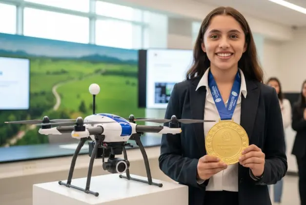 Valeria Palacios Cruz, estudiante mexicana ganadora del premio de educación Medalla Mundial de Educación 2025, sosteniendo su reconocimiento junto a un dron utilizado en sus proyectos ambientales