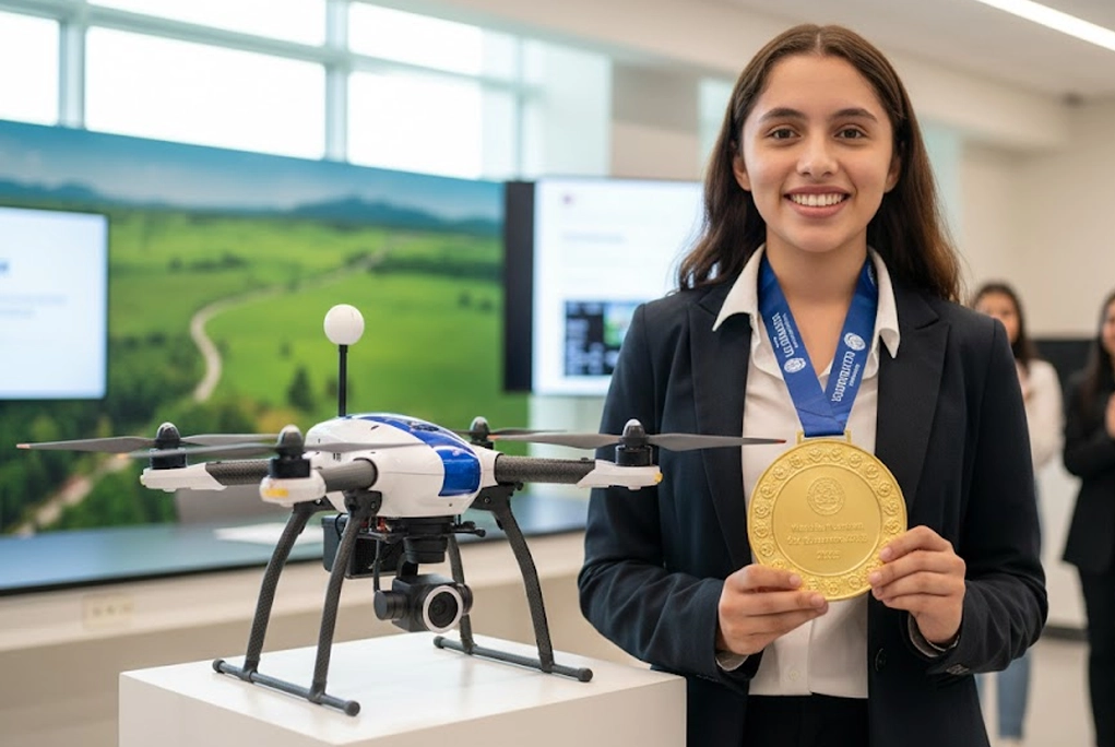 Valeria Palacios Cruz, estudiante mexicana ganadora del premio de educación Medalla Mundial de Educación 2025, sosteniendo su reconocimiento junto a un dron utilizado en sus proyectos ambientales