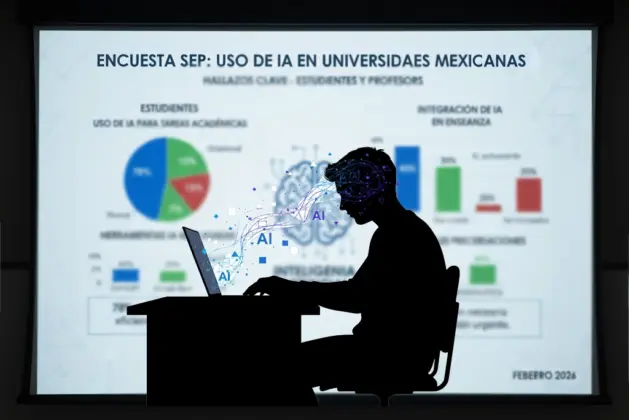 Gráficos y datos representativos de la encuesta SEP sobre el uso de inteligencia artificial por estudiantes y profesores en universidades mexicanas, mostrando los hallazgos clave de los datos IA en escuelas