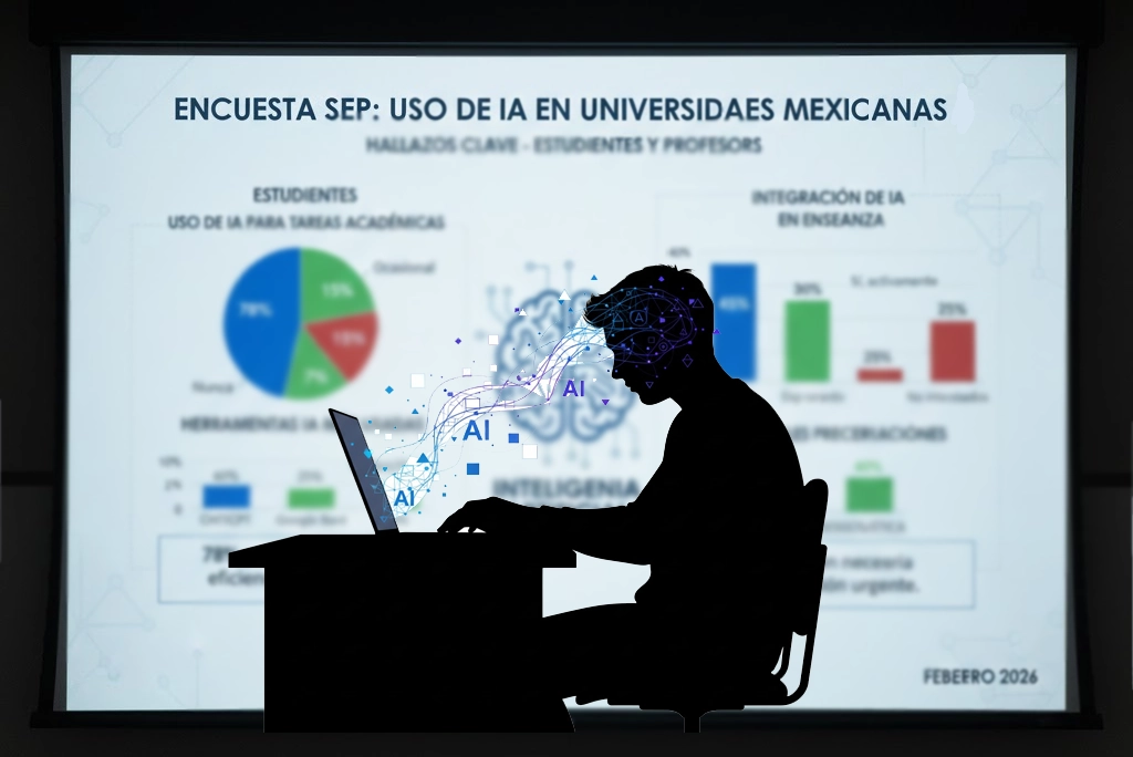 Gráficos y datos representativos de la encuesta SEP sobre el uso de inteligencia artificial por estudiantes y profesores en universidades mexicanas, mostrando los hallazgos clave de los datos IA en escuelas