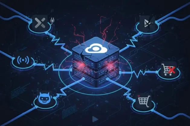 Ilustración que explica el masivo Cloudflare error mostrando logos de apps como X y ChatGPT desconectados de un servidor central con el logotipo de Cloudflare