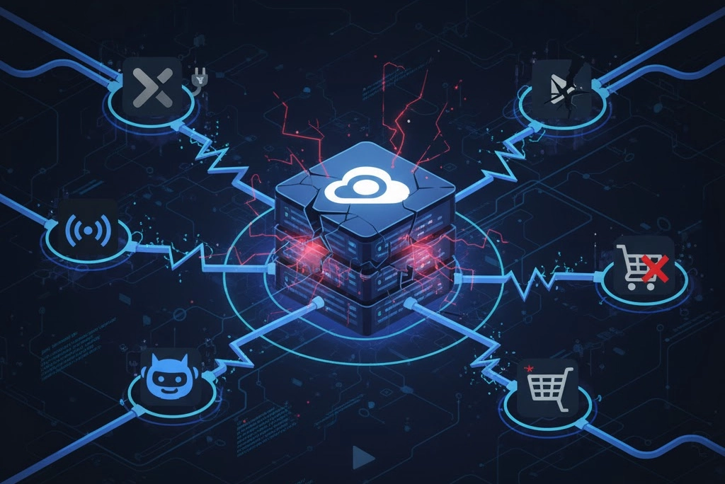 Ilustración que explica el masivo Cloudflare error mostrando logos de apps como X y ChatGPT desconectados de un servidor central con el logotipo de Cloudflare