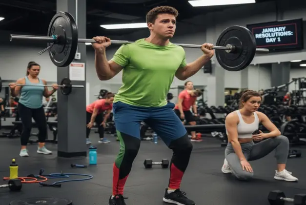 Joven cometiendo errores en el gym al retomar el ejercicio en enero, mostrando técnica incorrecta y falta de calentamiento.