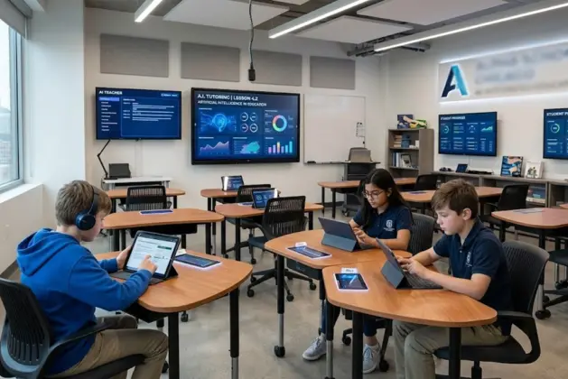 Vista futurista de un aula vacía con pantallas interactivas de inteligencia artificial, estudiantes jóvenes usando tablets, y un cartel que dice "Alpha School Chicago" - concepto de escuela con inteligencia artificial como maestros.