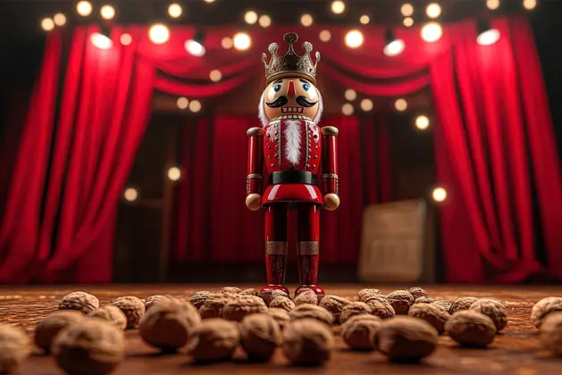 Un cascanueces en un escenario iluminado con fondo de cortinas rojas, ideal para promocionar espectáculos navideños inolvidables.