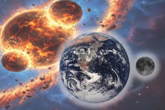 imagen que representa la nueva teoría del origen de la luna, mostrando una colisión entre protoplanetas formados en la misma región del sistema solar primitivo