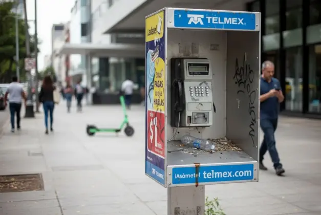 Fotografía de una de las casetas telefónicas Telmex antigua y abandonada en una calle de la ciudad, simbolizando la obsolescencia y el debate sobre su permanencia.