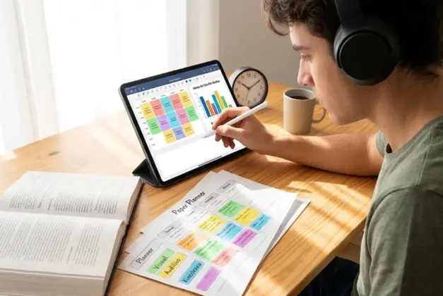 Joven universitario calculando sus horas de estudio ideales según su perfil de aprendizaje, con gráficos y elementos visuales de gestión del tiempo.