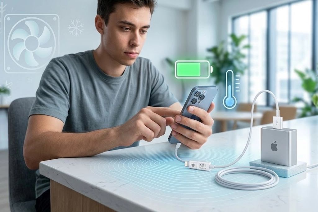 Joven usando iPhone con cable certificado Apple en una superficie fresca, ilustración conceptual para aprender a cuidar batería Apple y evitar sobrecalentamiento.
