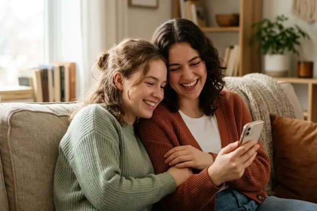 Dos hermanas jóvenes universitarias sentadas en un sofá, una apoyando su cabeza en el hombro de la otra mientras conversan y ríen con confianza. Representación de los beneficios tener hermana para la salud emocional.
