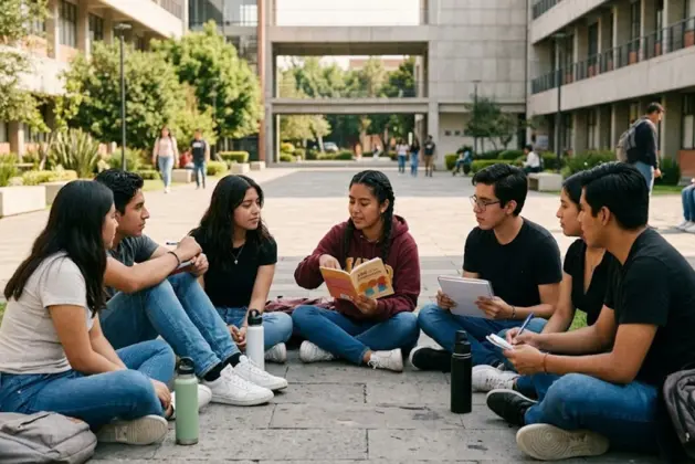 Grupo de estudiantes universitarios conversando de manera relajada en un aula moderna, con una guía preventiva de la estrategia de salud mental en México visible sobre una mesa.