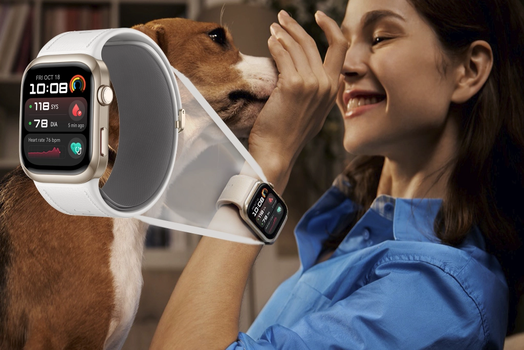Joven estudiante con su perro, mostrando en su muñeca su reloj inteligente huawei d2 con asistente de bienestar emocional