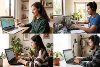 estudiantes jóvenes de Relaciones Internacionales trabajando desde casa con laptops, mapas mundiales y banderas detrás, realizando un voluntariado relaciones internacionales virtual con conexión a internet estable.