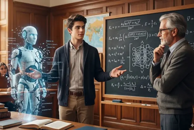 Estudiante universitario se prepara para sus exámenes orales frente a un panel de profesores mientras la IA se desvanece al fondo, simbolizando el retorno de la evaluación humana.