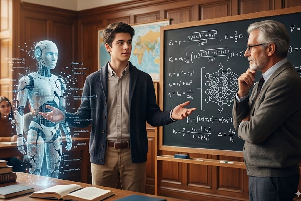 Estudiante universitario se prepara para sus exámenes orales frente a un panel de profesores mientras la IA se desvanece al fondo, simbolizando el retorno de la evaluación humana.