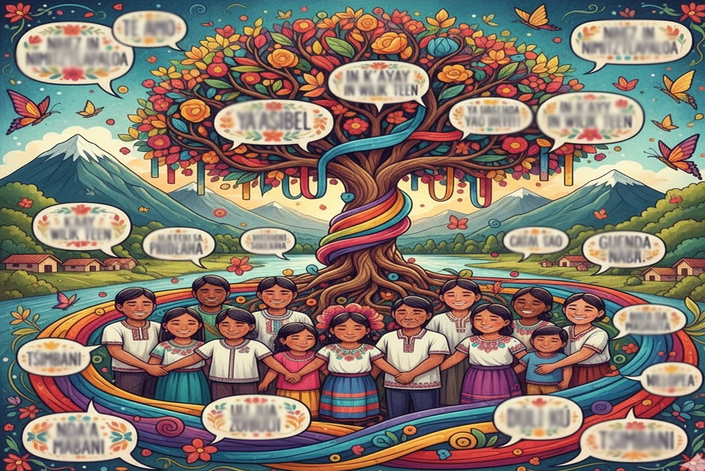 Ilustración colorida que representa diversidad lingüística y afecto, acompañada de frases con expresiones de amor en lenguas originarias de México.