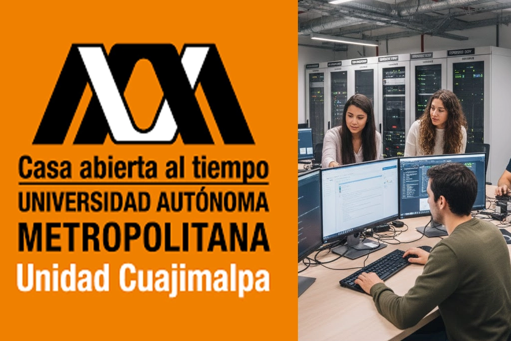 Estudiantes universitarios trabajando en equipo en la Fábrica de Software UAM, utilizando estaciones de trabajo y servidores para desarrollar proyectos tecnológicos con impacto social.