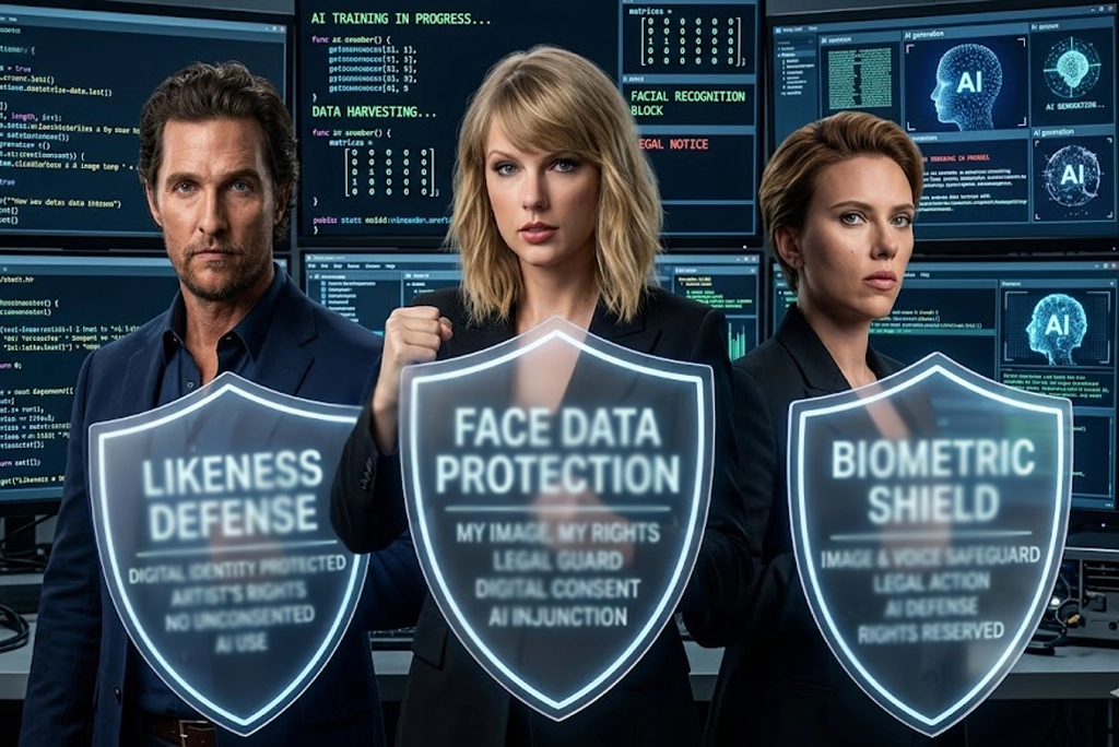 Famosos inteligencia artificial: collage realista de Taylor Swift, Matthew McConaughey y Scarlett Johansson protegiendo sus rostros con escudos legales digitales ante pantallas con código de IA.