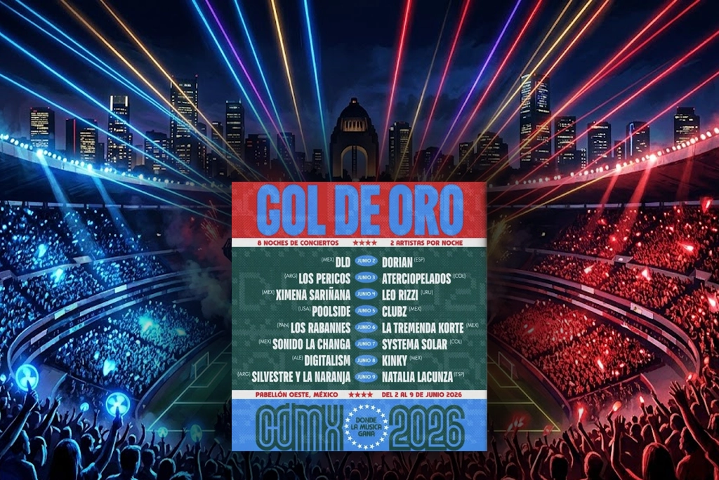 Póster vibrante del Festival Gol de Oro con dos micrófonos enfrentados en un escenario con forma de estadio de futbol, luces de neón y multitudes animadas.