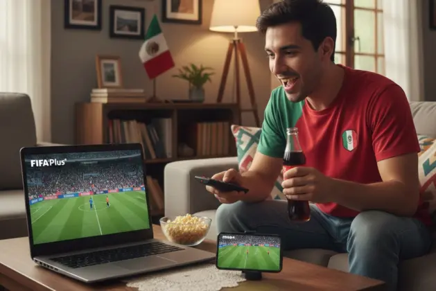 Joven viendo un partido de fútbol en streaming en su laptop y celular desde México, con el logotipo de FIFA Plus visible. Guía para usar FIFA Plus streaming fútbol.