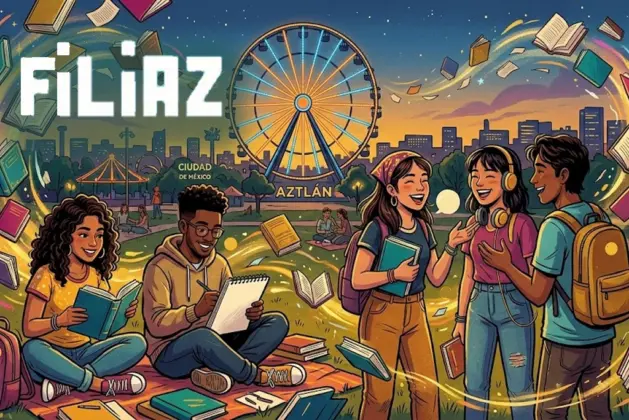 Jóvenes visitantes explorando stands de libros en la feria del libro infantil y juvenil Aztlán 2026, con la rueda de la fortuna del Parque Aztlán de fondo durante un atardecer en Chapultepec.