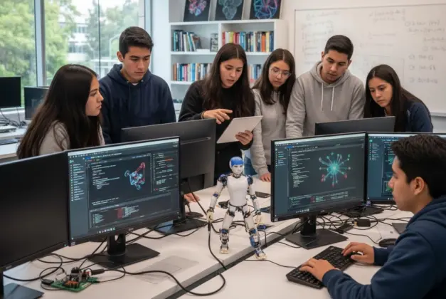 Jóvenes estudiantes en un laboratorio moderno trabajando en un proyecto de inteligencia artificial, representando la nueva formación técnica en IA en bachilleratos mexicanos.