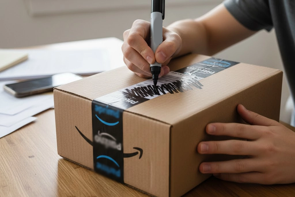 Joven borrando con un plumón una etiqueta de envío del paquete (caja amazon) con datos personales.