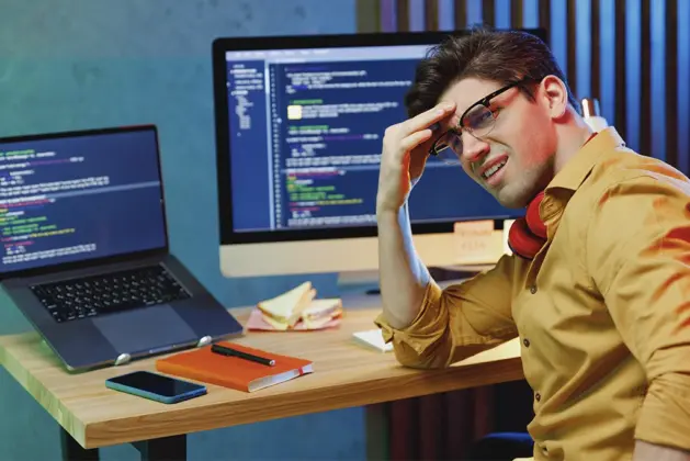 Joven universitario con cara de malestar por pasar muchas horas frente a la computadora, considerando utilizar varios gadgets que mejoran su ergonomía y bienestar, como un monitor elevado, un teclado ergonómico y una silla de oficina cómoda, simbolizando un ambiente de trabajo y estudio saludable