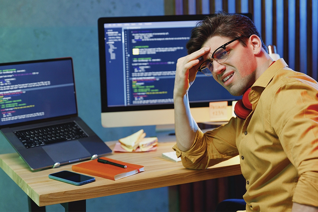 Joven universitario con cara de malestar por pasar muchas horas frente a la computadora, considerando utilizar varios gadgets que mejoran su ergonomía y bienestar, como un monitor elevado, un teclado ergonómico y una silla de oficina cómoda, simbolizando un ambiente de trabajo y estudio saludable