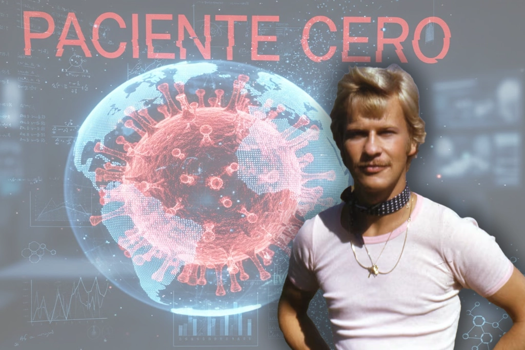 Gaetan Dugas, representando el concepto de desinformación médica, mostrando un mapa viral y la frase "paciente cero" siendo corregida por datos científicos.