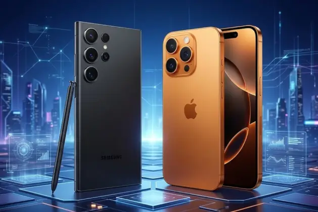 Comparativa visual entre el Samsung Galaxy S26 Ultra y el iPhone 17 Pro mostrando sus diseños, módulos de cámara y pantallas enfrentadas con fondo futurista.