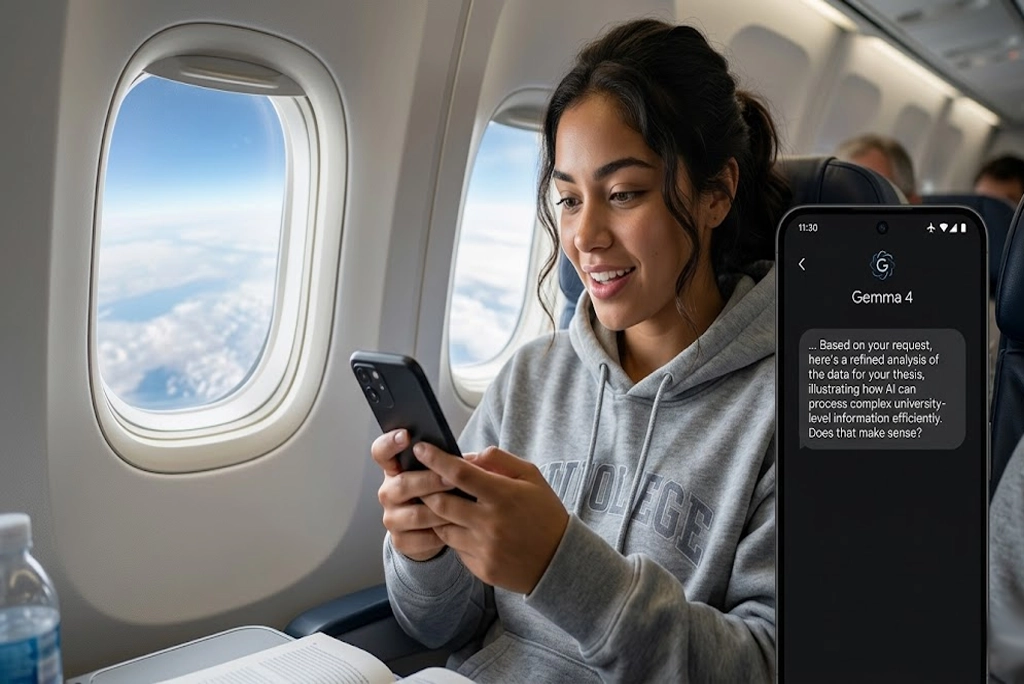 Persona joven usando su celular en un avión con modo avión activado, pantalla mostrando la interfaz de Gemma 4 de Google IA offline respondiendo preguntas, sin conexión a internet, ambiente realista y cotidiano.