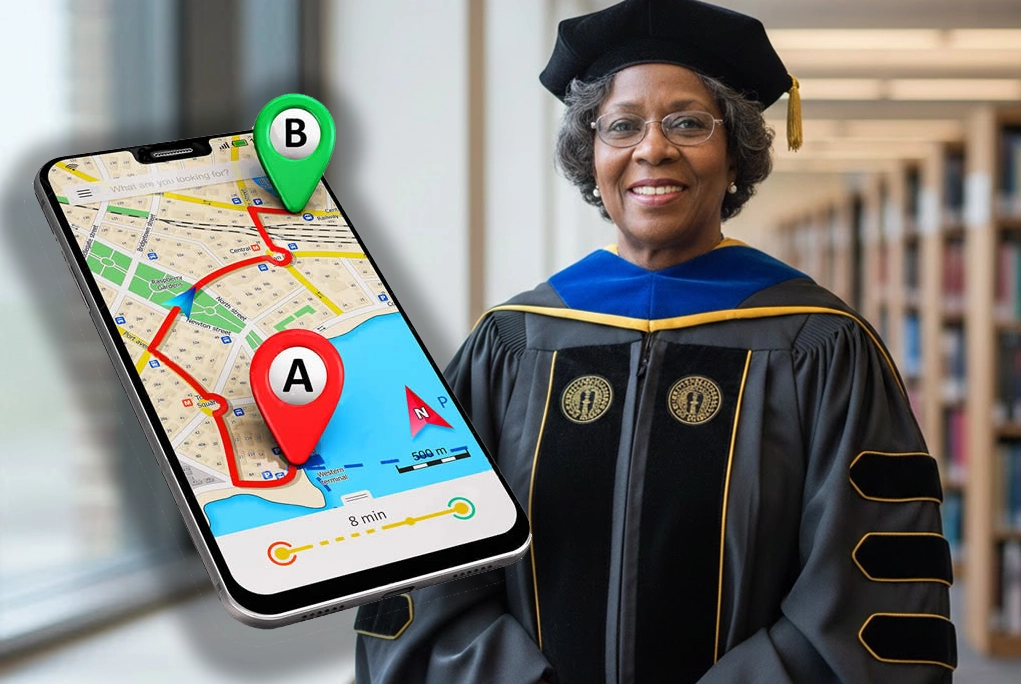 Retrato de Gladys West, la matemática afroamericana cuyo trabajo esencial hizo posible el invento GPS Gladys West, sonriendo con su toga de doctorado