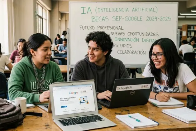 Grupo de jóvenes estudiantes mexicanos usando laptops en una sala moderna, con logos de Google y SEP visibles, mientras acceden a los cursos IA Google y SEP gratuitos.