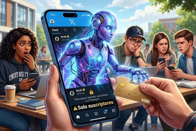 Imagen que representa a Grok comentarios con suscripción en X, mostrando un móvil con la interfaz de la red social y la IA emergiendo para pedir el pago, mientras jóvenes reaccionan sorprendidos al fondo.